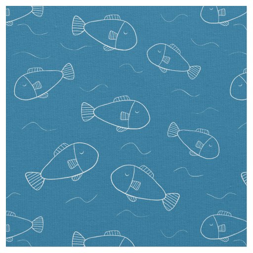 Cute White Fish Print on an Ocean Blue Fabric