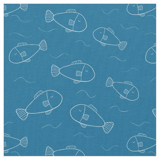 Cute White Fish Print on an Ocean Blue Fabric (Close Up)