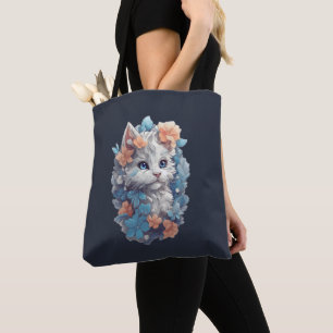 Cute White Floral Kitty Cat Tote Bag