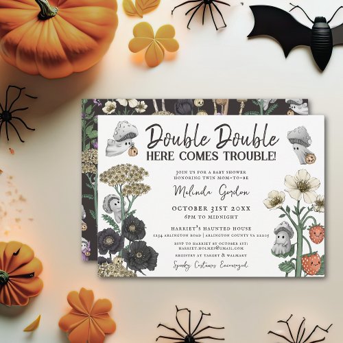 Cute White Floral Twins Fall Halloween Baby Shower Invitation