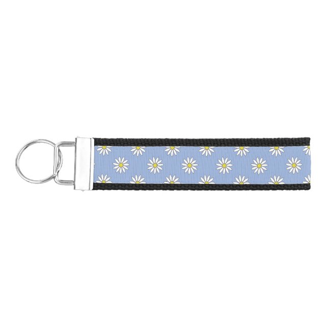 Cute White Flower Daisies Over Sky Blue Wrist Keychain (Keys on Left)