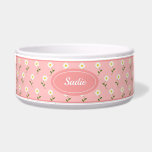 Cute White Flower Pattern On Pink & Custom Name Bowl<br><div class="desc">Lovely illustrated floral pattern of white flowers with green stems and some leaves on a pink background color. There is also an oval shape in pink color that has a personalizable text area for the name of the pet. The font is a beautiful script font in white color. Cute design...</div>