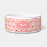 Cute White Flower Pattern On Pink & Custom Name Bowl<br><div class="desc">Lovely illustrated floral pattern of white flowers with green stems and some leaves on a pink background color. There is also an oval shape in pink color that has a personalizable text area for the name of the pet. The font is a beautiful script font in white color. Cute design...</div>