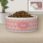 Cute White Flower Pattern On Pink & Custom Name Bowl<br><div class="desc">Lovely illustrated floral pattern of white flowers with green stems and some leaves on a pink background color. There is also an oval shape in pink color that has a personalizable text area for the name of the pet. The font is a beautiful script font in white color. Cute design...</div>