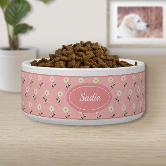 Cute White Flower Pattern On Pink & Custom Name Bowl
