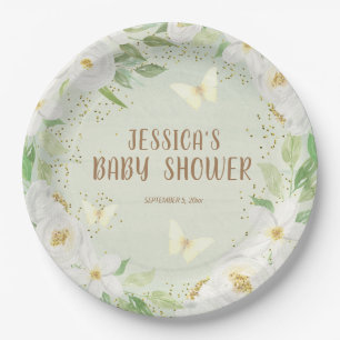 Cute White Flowers Green Backyard Baby Shower Paper Plates