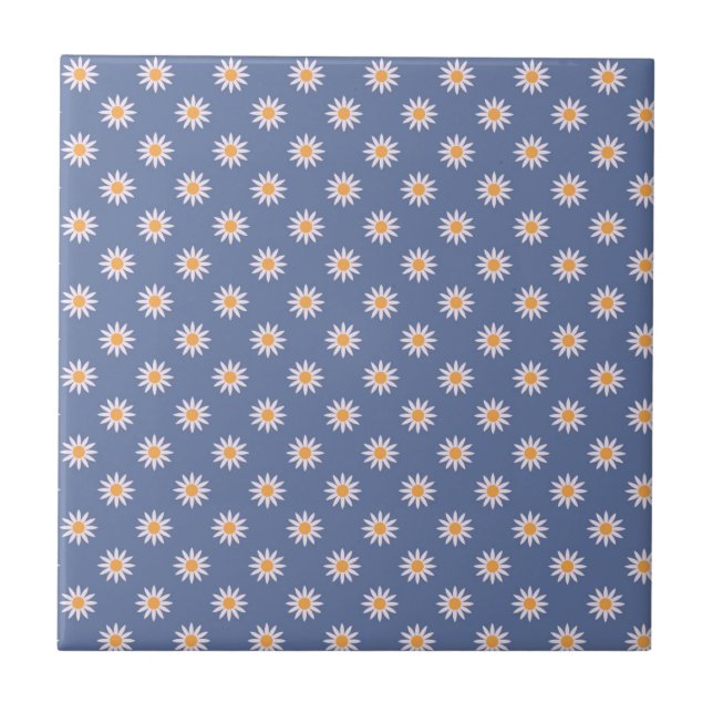 Cute White Flowers on Blue Pattern Ceramic Tile (Front)