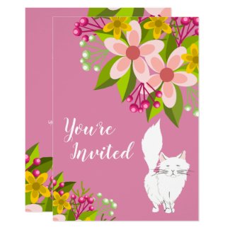 Cute White Fluffy Cat and Flowers on Pink Birthday Invitation