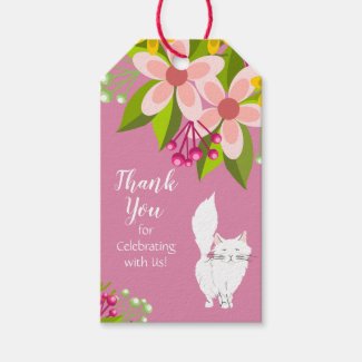 Cute White Fluffy Cat - Flowers on Pink Thank You Gift Tags