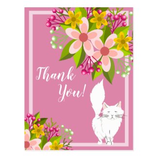 Cute White Fluffy Cat - Flowers on Pink Thank You Postcard
