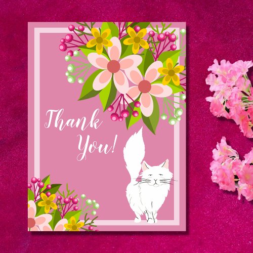 Cute White Fluffy Cat _ Flowers on Pink Thank You Postcard