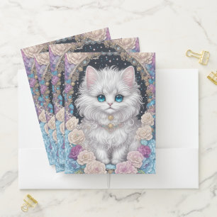 Cute White Fluffy Kitten with Flowers  Pocket Folder
