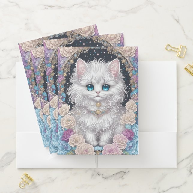 Cute White Fluffy Kitten with Flowers  Pocket Folder (In Situ)