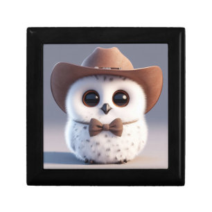 Cute white fluffy owl with a cowboy hat gift box