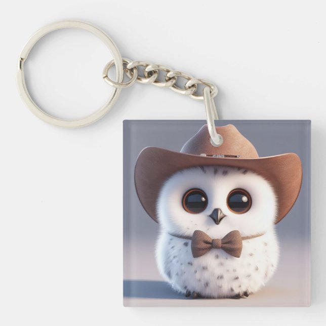 Cute white fluffy owl with a cowboy hat keychain (Front)