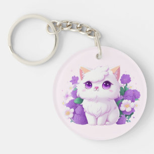 Cute White Fluffy Persian Cat with Morning Glory Keychain