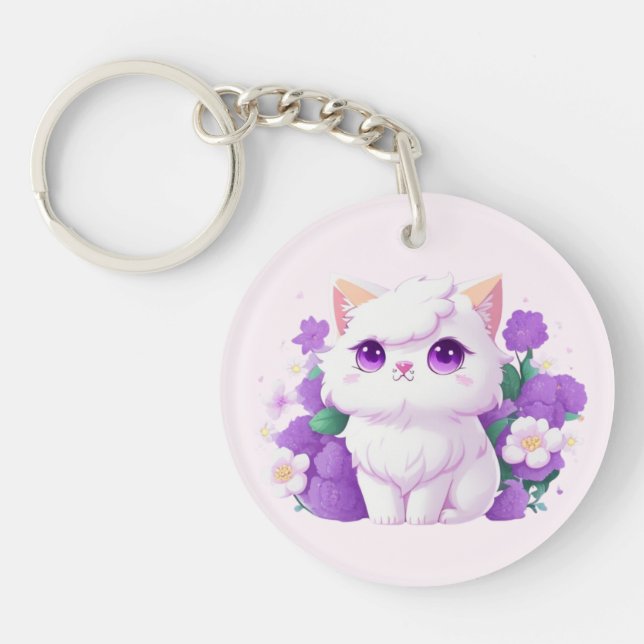 Cute White Fluffy Persian Cat with Morning Glory Keychain (Front)