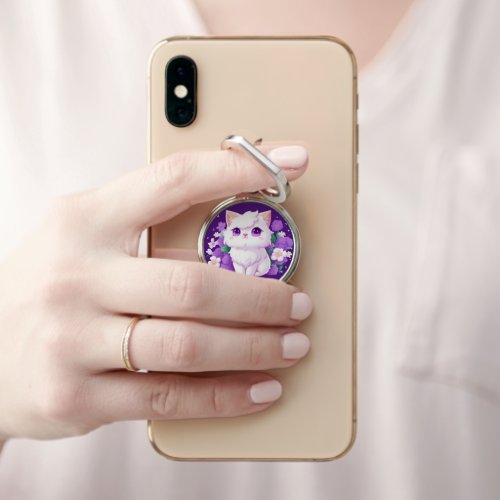 Cute White Fluffy Persian Cat with Morning Glory  Phone Ring Stand