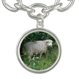 Cute White Fluffy Sheep Eating Charm Bracelet