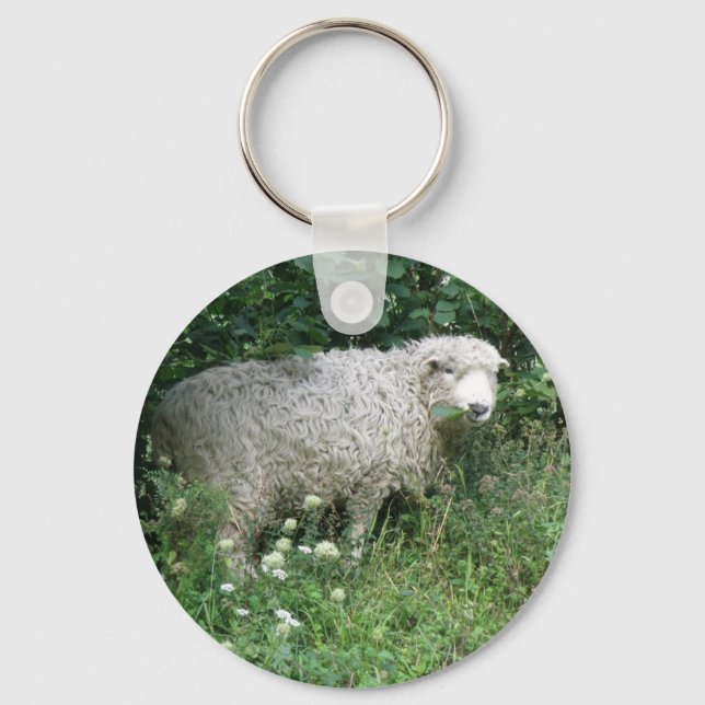 Cute White Fluffy Sheep Eating Keychain (Front)