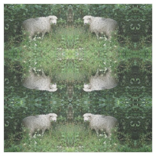 Cute White Fluffy Sheep Eating Patterned Animal Fabric