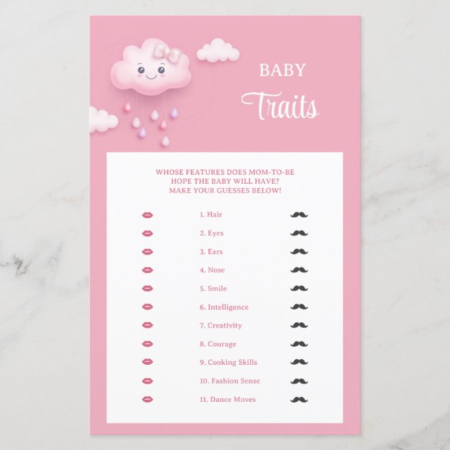 Cute white fluffy smiling cloud 9 Baby Traits game (Front)