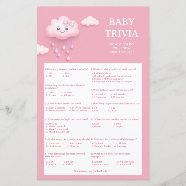 Cute white fluffy smiling cloud 9 Baby Trivia game (Front)
