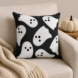 Cute White Flying Ghost Pattern Black Halloween Throw Pillow