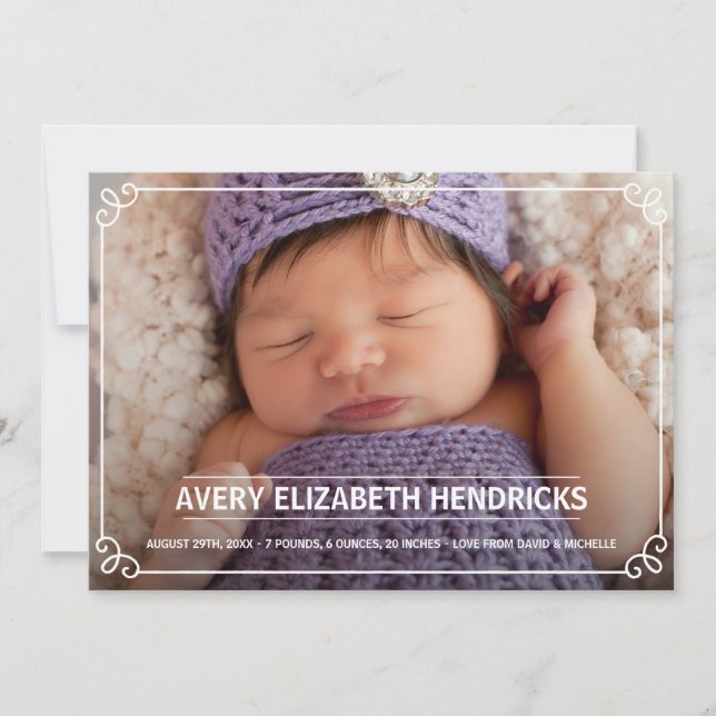 Cute White Frame Photo Birth Announcement (Front)