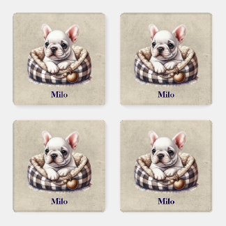 Cute White French Bulldog, Plaid Bed, Coaster Set