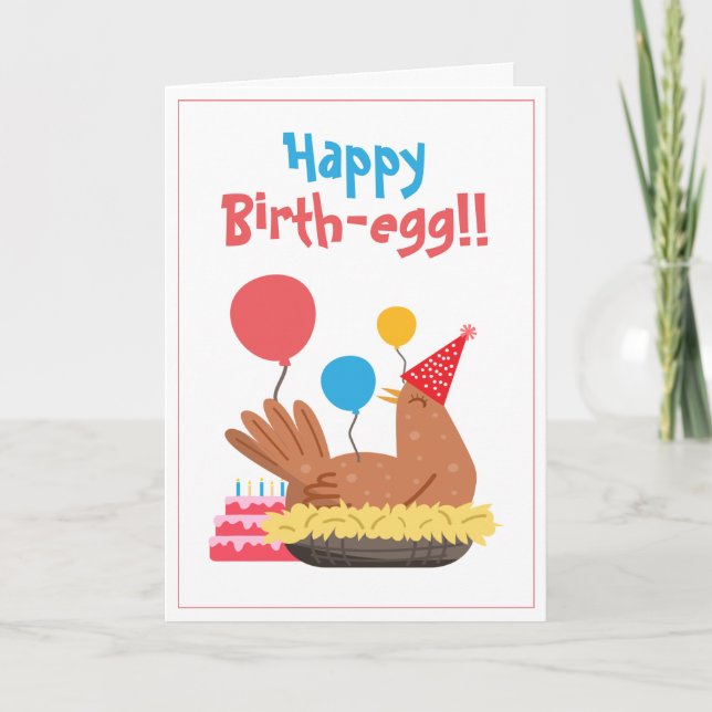 Cute White Funny Chicken and Cake Humor Birthday Card (Front)