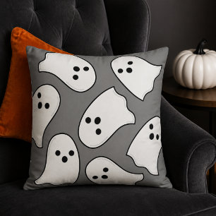 Cute White Ghost Pattern Gray Halloween Throw Pillow