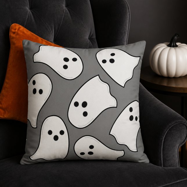 Cute White Ghost Pattern Gray Halloween Throw Pillow (Creator Uploaded)