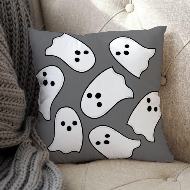 Cute White Ghost Pattern Gray Halloween Throw Pillow (Creator Uploaded)