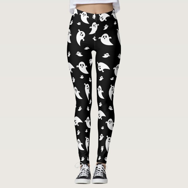 Cute White Ghost Shapes Pattern Black Halloween Leggings (Front)