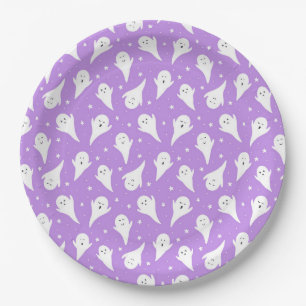 Cute White Ghost Silhouette - Purple Halloween  Paper Plates