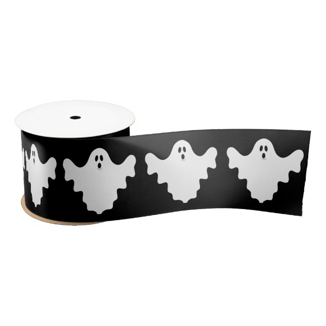 Cute White Ghosts Black Halloween Satin Ribbon (Spool)
