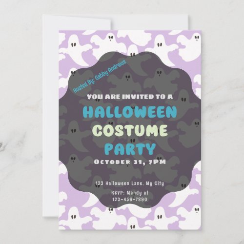 Cute White Ghosts on Soft Purple Halloween Invitation