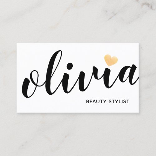 Cute White Gold Heart Calligraphy Beauty Stylist Business Card
