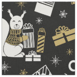 Cute White Gold Mouse with Gifts on Black Pattern Fabric