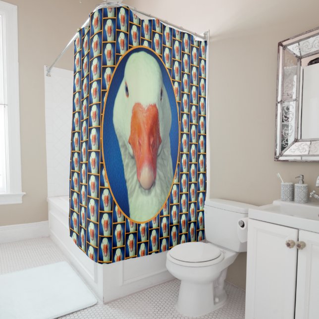 Cute White Goose Face Farm Animal Shower Curtain (In Situ)