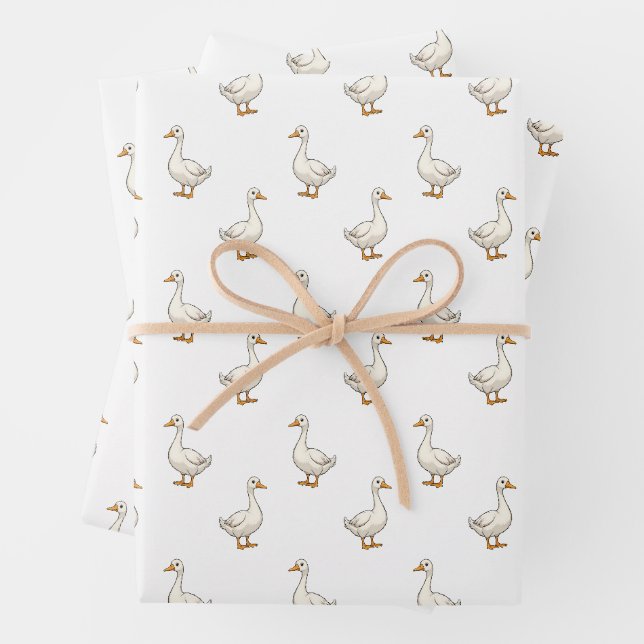 Cute White Goose Pattern Wrapping Paper Sheets (In situ)