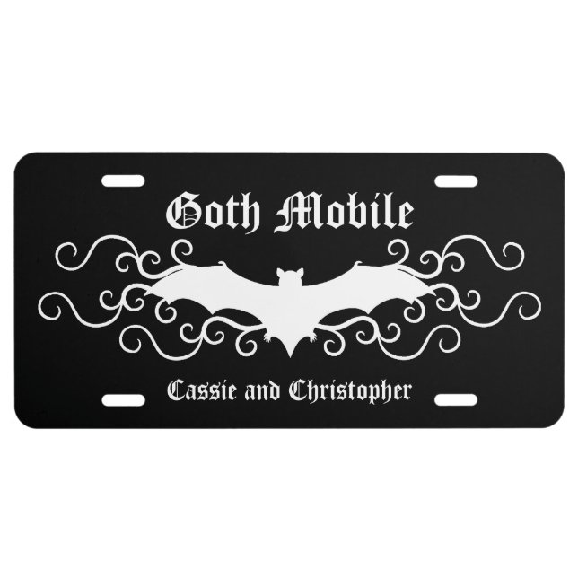Cute white Gothic bat with swirls on black License Plate (Front)