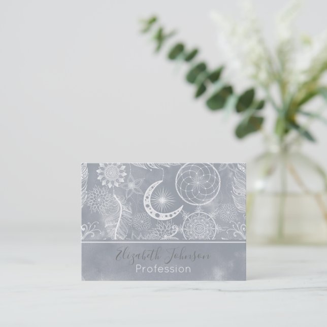 Cute White & Gray Dreamcatcher Feathers Mandala Business Card (Standing Front)