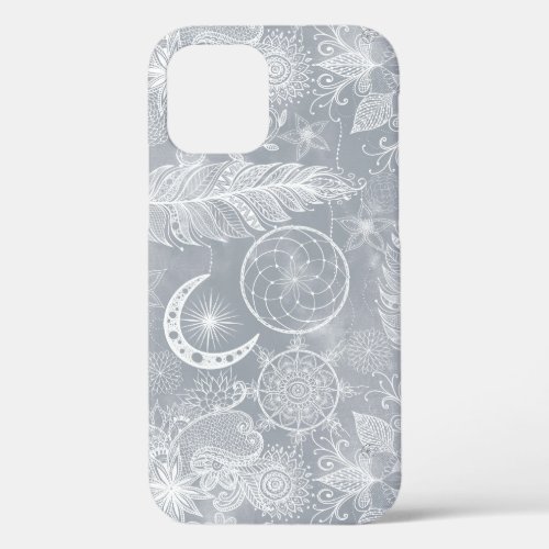 Cute White  Gray Dreamcatcher Feathers Mandala iPhone 12 Case