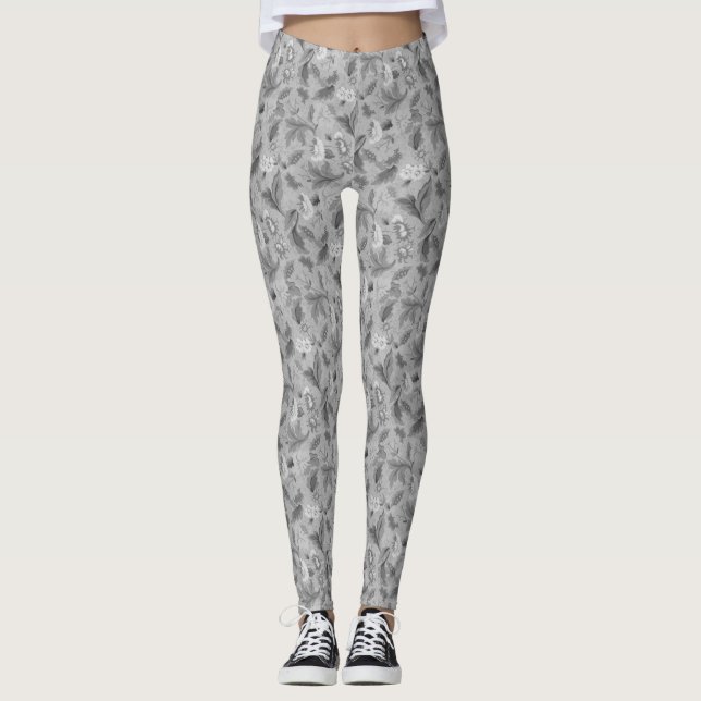 Cute white gray floral background design leggings (Front)