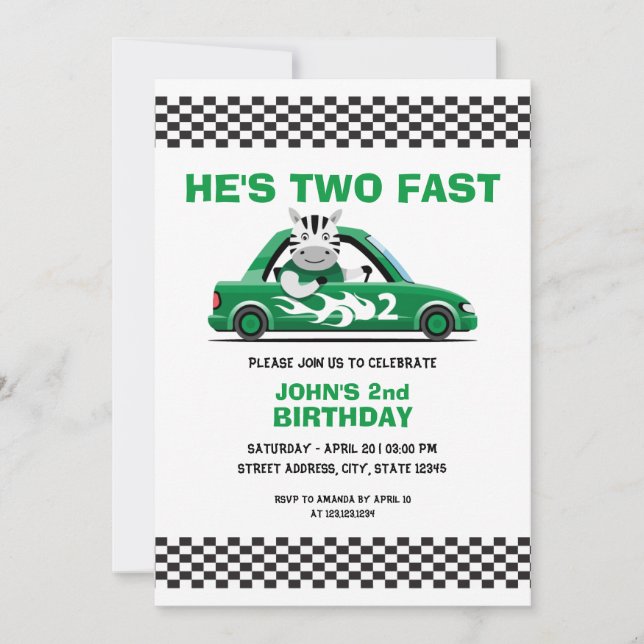 Cute White & Green Race Car Two Fast 2nd Birthday Invitation (Front)