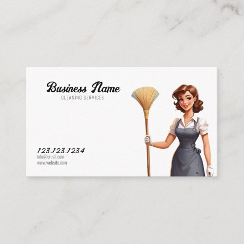 Cute White  Grey Maid House Cleaning Service Business Card