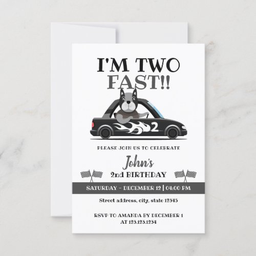 Cute White  Grey Race Car Two Fast 2nd Birthday Invitation