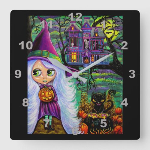 Cute White Hair Witch Haunted Tree House Black Cat Square Wall Clock
